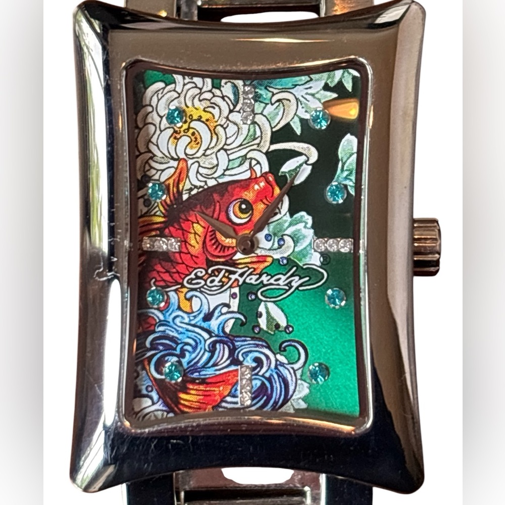 Ed Hardy Koi Floral Watch Rectangular Face Crystal Stainless DN-K10333